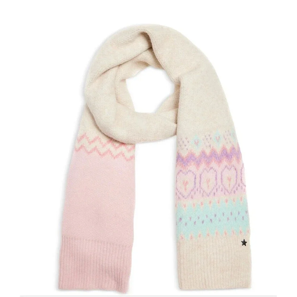 JOCELYN Scarf Womens Cream Fair Isle Chunky Knit Pastel Winter 11.5x 68 $125